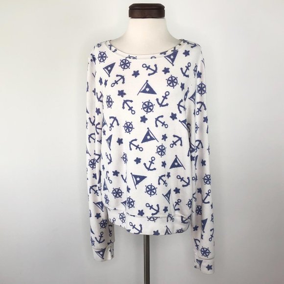 Wild Fox White Blue Nautical Anchor Ship Wheel Flag Graphic Pullover Sweater  | - Picture 1 of 11